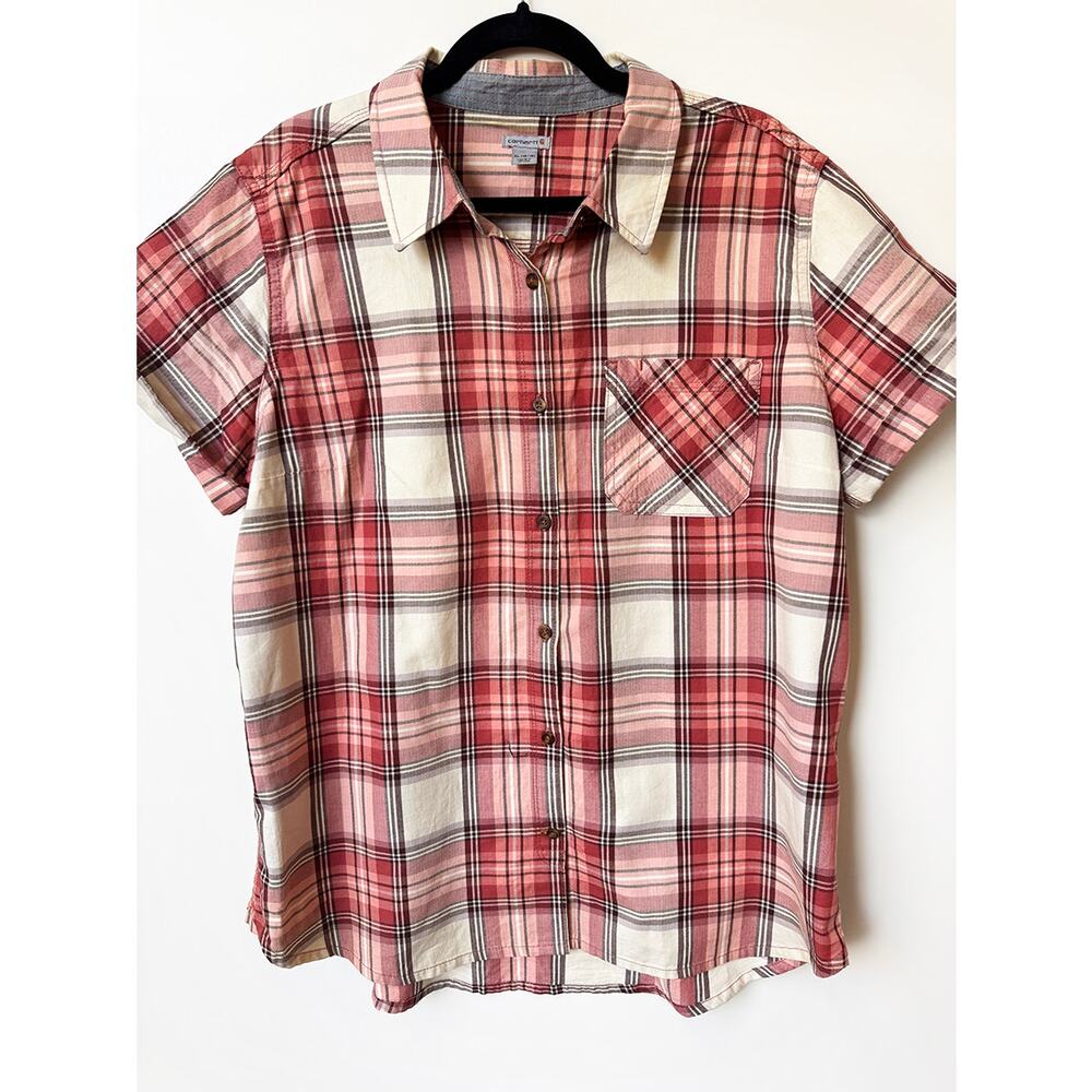 Carhartt Men's Plaid Short Sleeve Button Down Relaxed Fit Red XL